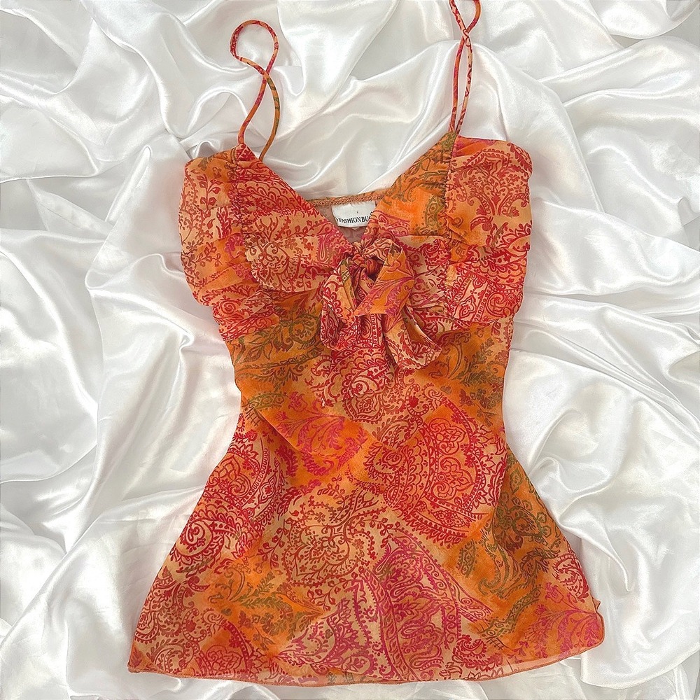 Fashion Bug Orange Pink Paisley Cami Top Tie Front Size M Vintage Y2K
